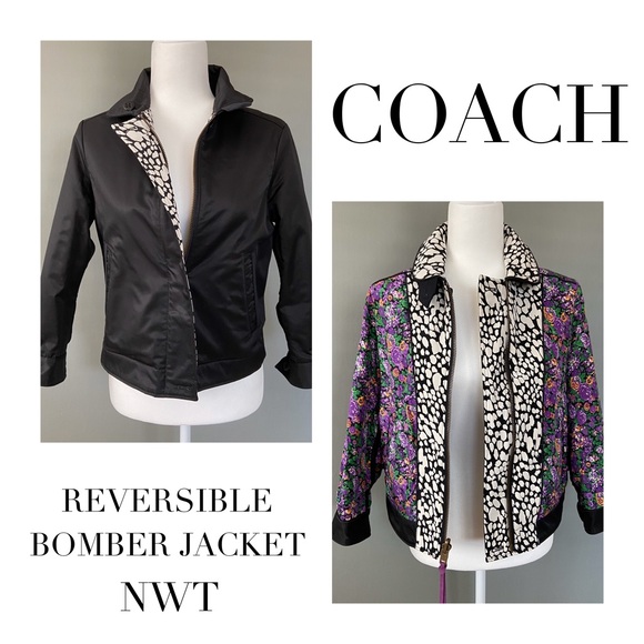 NWT Coach Black & Floral Bomber Jacet Size XS - Picture 1 of 8
